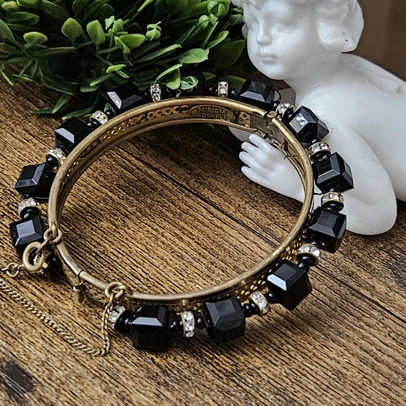 Miriam Haskell Black & Rhinestones Beaded Bangle Bracelet - Picture 3 of 4